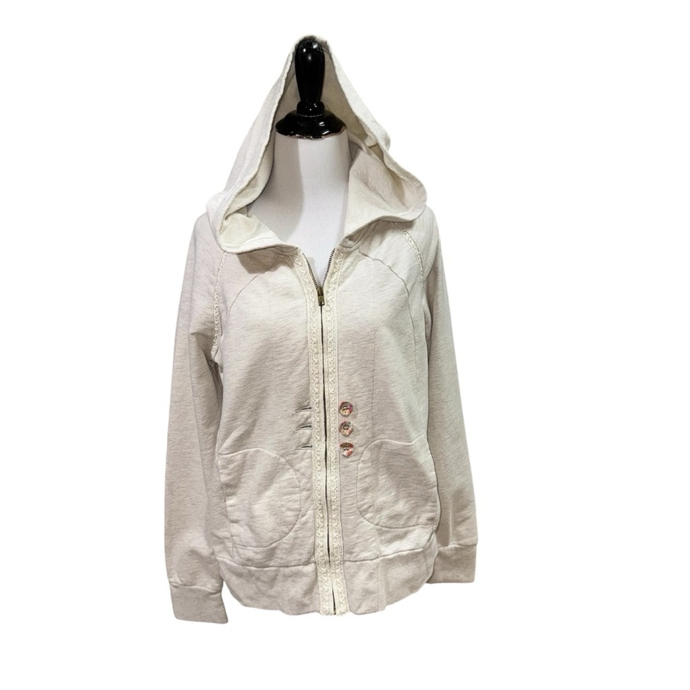 Anthropologie Sunday Monday Women's L Large Cropped Full Zip Hoodie Lace Trim